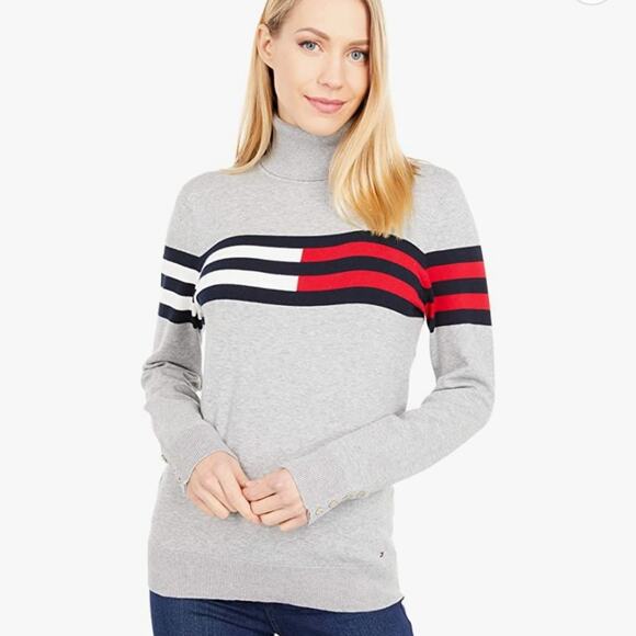 Tommy Hilfiger Sweaters - Tommy Hilfiger Grey Stella Flag Mock Neck Sweater NWT Medium
